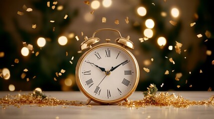 Festive golden alarm clock surrounded by confetti