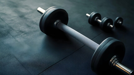 A close-up of a barbell and two dumbbells lying on a black gym mat.