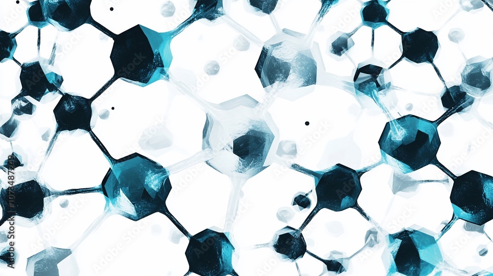 Poster abstract blue and white geometric pattern of connected shapes on a white background.