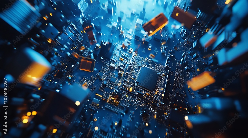 Poster Abstract digital cityscape with glowing circuits and a central processor.