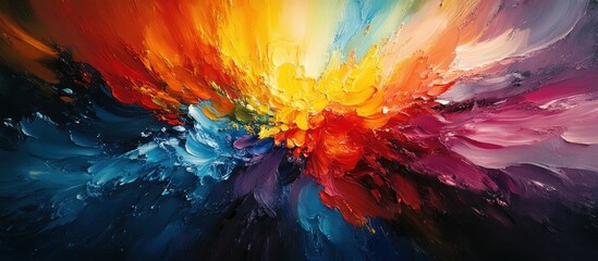 Abstract painting with vibrant colors and thick brushstrokes in blue, red, yellow, and purple.