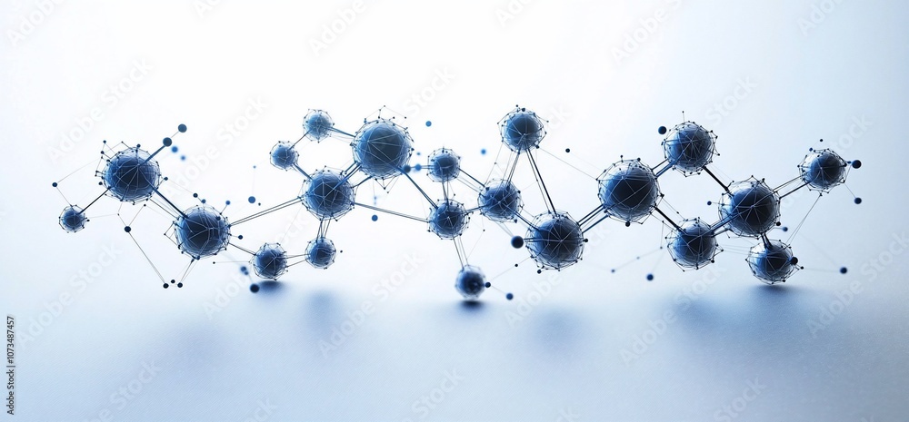 Poster abstract interconnected blue spheres connected by lines on a white background.