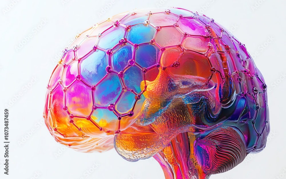 Poster a colorful brain with vibrant hexagons and neural connections on a white background, representing ai