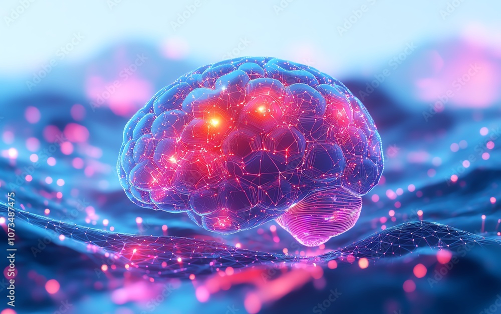 Poster a colorful brain with vibrant hexagons and neural connections on a white background, representing ai