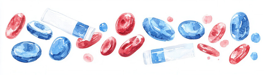 Obraz premium A colorful illustration of red and blue drops resembling blood cells, scattered among geometric shapes, evoking a scientific or medical theme.