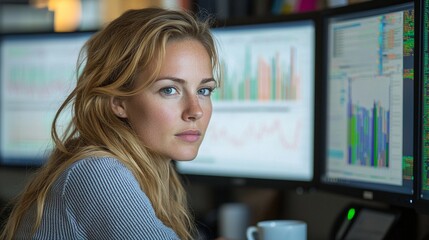 contemporary workspace filled notes and books woman intently analyzes data multiple screens while sipping coffee showcasing her dedication information technology and analytics.