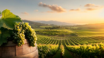 Serene vineyard landscape at sunset with fresh grapes