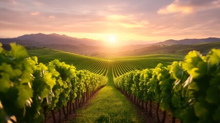 Fototapeta premium Serene vineyard landscape at sunset with rolling hills