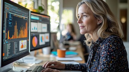 bright office woman concentrates data displayed several computer screens typing her keyboard as she reviews graphs charts and code amidst books and coffee cup.