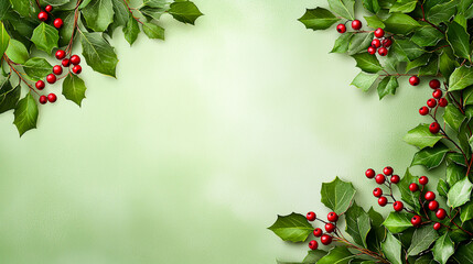 Fototapeta premium Fresh Holly Leaves with Red Berries on Green Background
