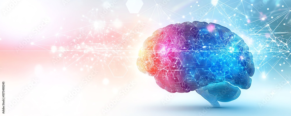 Poster a vibrant, multicolored brain with hexagonal shapes and interconnected neural networks, white backgr