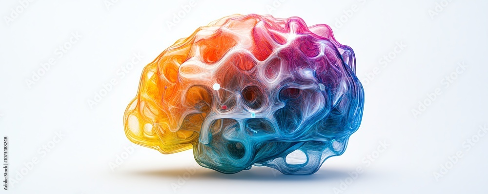 Poster a vibrant, multicolored brain with hexagonal shapes and interconnected neural networks, white backgr