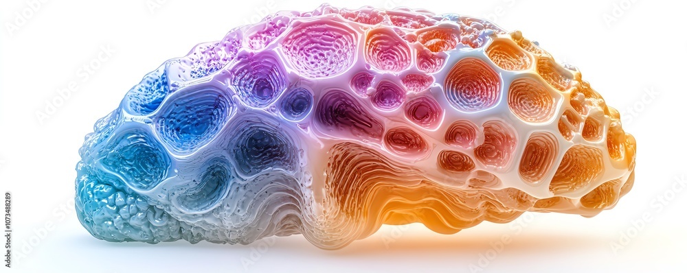 Poster a vibrant, multicolored brain with hexagonal shapes and interconnected neural networks, white backgr