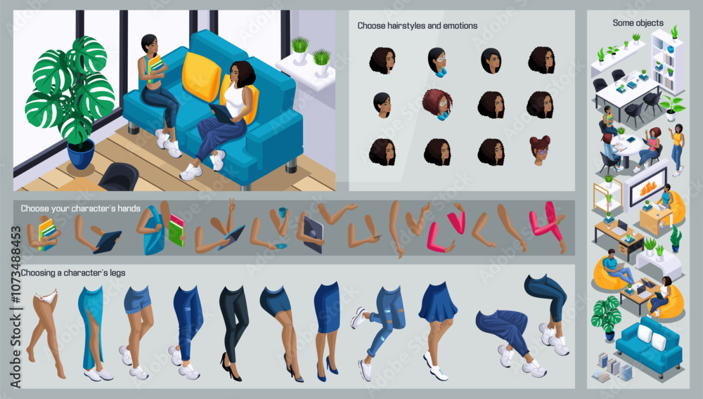 Poster isometric black man characters constructor for design. use separate body parts to create an animated