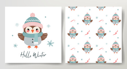 Hello winter card and seamless pattern with cute owl in winter clothes. Christmas template. Winter animals.