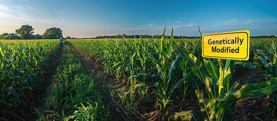 A person walks through a field of genetically modified corn with a yellow sign indicating its modification.