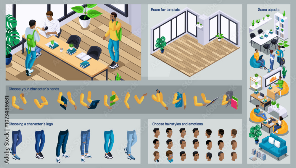 Poster isometric black man characters constructor for design. use separate body parts to create an animated