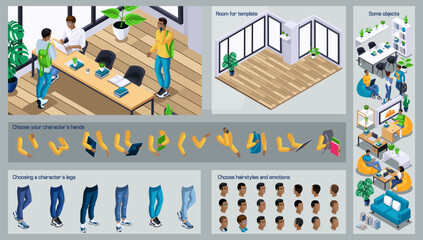 Isometric Black Man characters constructor for design. Use Separate Body Parts to Create An Animated Character. Set of Emotions, Hairstyles, Hands and Feet. Set action N4