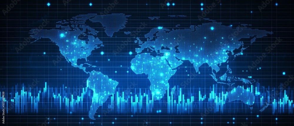 Poster digital background with stock market charts and graphs, world map in blue hues, focusing on candlest