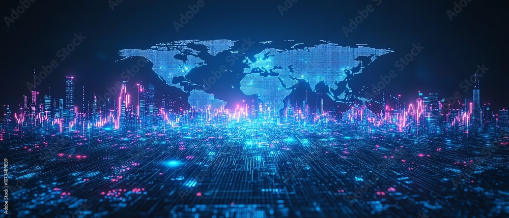 Poster digital background with stock market charts and graphs, world map in blue hues, focusing on candlest