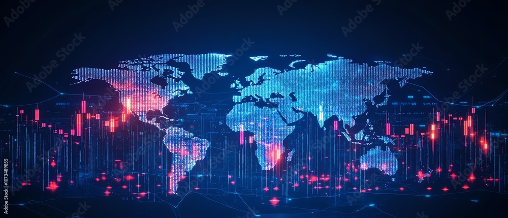 Aufkleber digital background with stock market charts and graphs, world map in blue hues, focusing on candlest