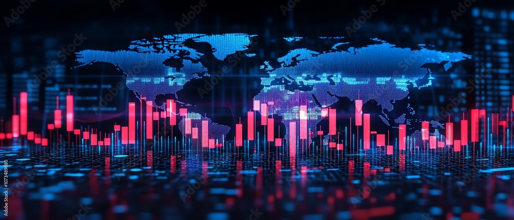 Poster digital background with stock market charts and graphs, world map in blue hues, focusing on candlest