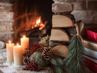 Christmas Still Life with Candles and Winter Decor in Warm Fireside Palette &ndash; Mulled Wine Red, Chestnut Brown, and Ember Orange