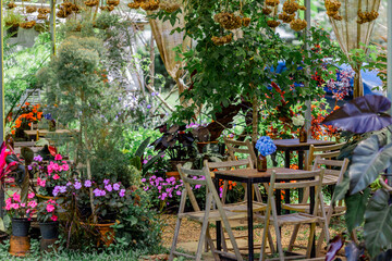 Obraz premium Flower garden landscape background, garden decoration in cafes and restaurants, for beauty and a photo corner for customers to relax and unwind their eyes.