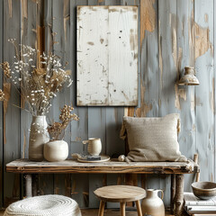 A white framed picture hangs on a wall above a wooden bench