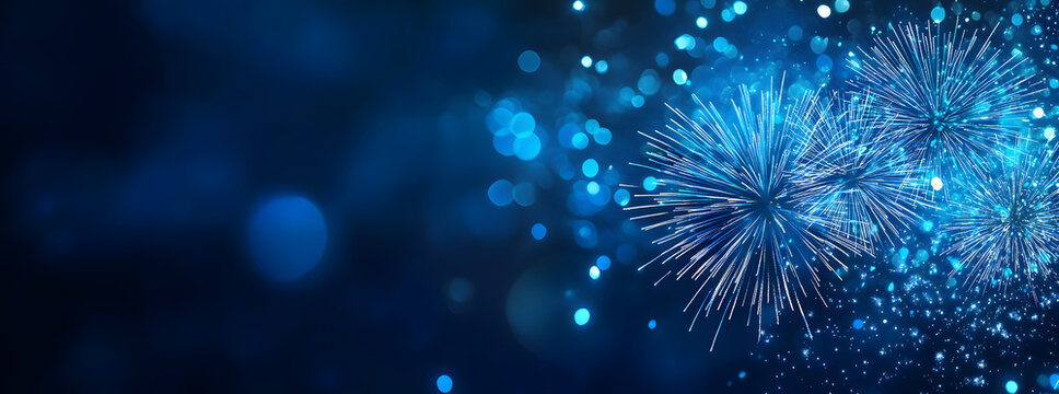 Blue fireworks against a dark blue sky background with copy space, a banner design. New year celebration concept.