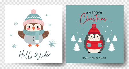Fototapeta premium Cute animals christmas cards. Owl, hedgehog. Gift tags with Christmas characters. Winter animals.
