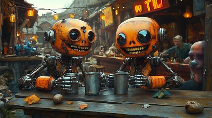 Two robots enjoy drinks together in a cozy setting
