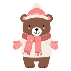 Cartoon bear in winter clothes. Illustration with hand drawn doodle bear. Thickly clothed pet.