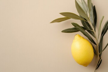 Lemon with olive branch on neutral background, symbolizing freshness and Mediterranean ingredients
