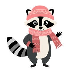 Obraz premium Cartoon raccoon in winter clothes. Illustration with hand drawn doodle raccoon. Thickly clothed pet.