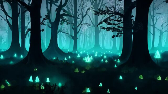 A haunted forest where trees come alive with vibrant, ghostly lights and movements