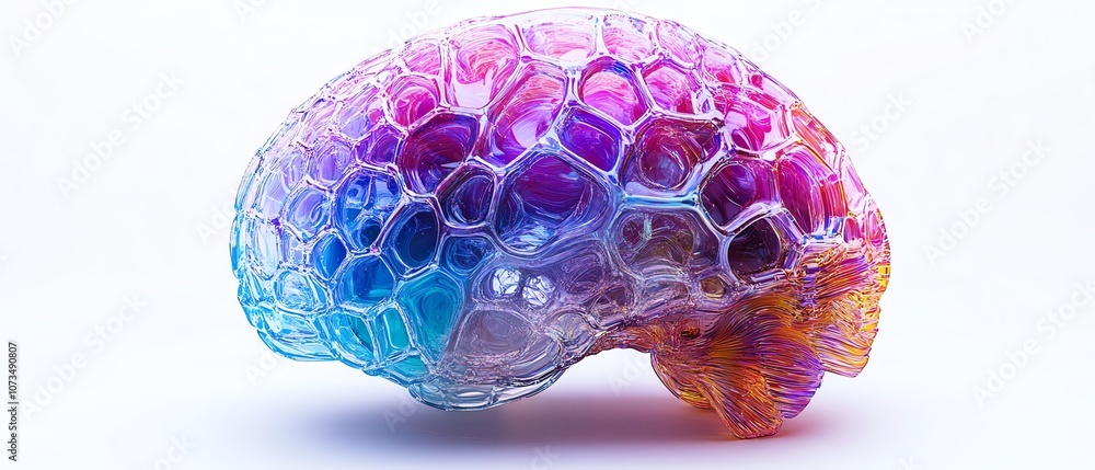 Poster neoncolored brain with hexagonal patterns and neural links on a white background, representing ai an