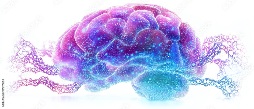 Poster neoncolored brain with hexagonal patterns and neural links on a white background, representing ai an