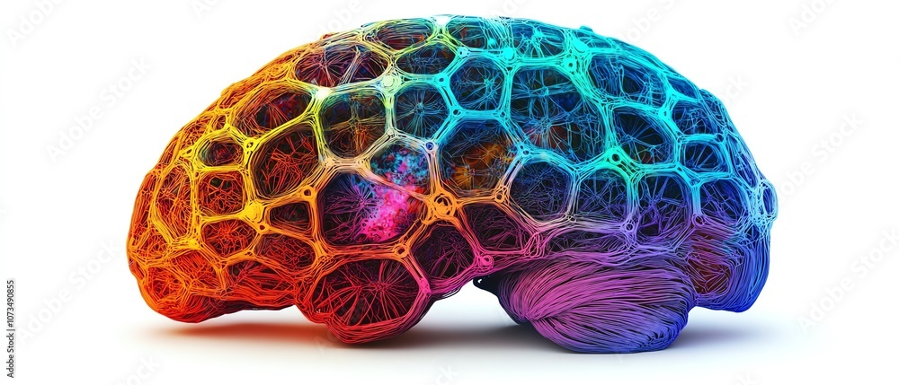 Poster neoncolored brain with hexagonal patterns and neural links on a white background, representing ai an