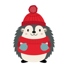 Cartoon hedgehog in winter clothes. Illustration with hand drawn doodle hedgehog. Thickly clothed pet.