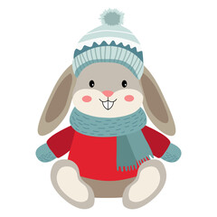 Cartoon bunny in winter clothes. Illustration with hand drawn doodle rabbit. Thickly clothed pet.