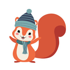 Cartoon squirrel in winter clothes. Illustration with hand drawn doodle squirrel. Thickly clothed pet.