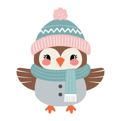 Cartoon owl in winter clothes. Illustration with hand drawn doodle bird. Thickly clothed pet.