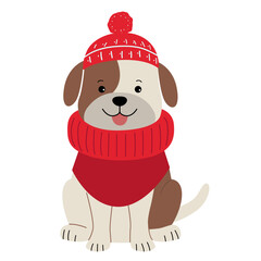 Cartoon dog in winter clothes. Illustration with hand drawn doodle puppy. Thickly clothed pet.