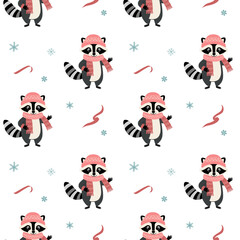 Seamless pattern with warm clothed raccoon. Christmas Winter backgrounds. Cartoon animals pattern.