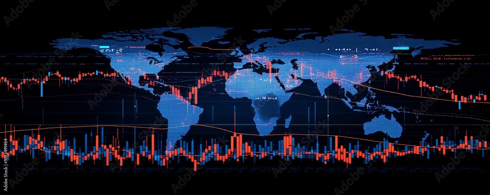 Poster stock market charts and graphs with a blue world map backdrop, highlighting candlestick patterns and