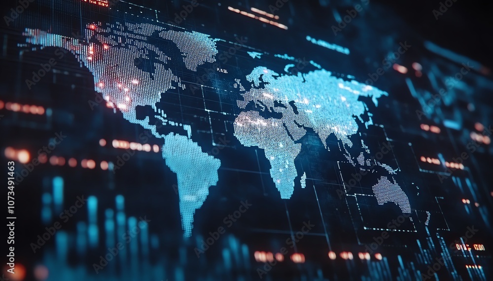 Poster stock market charts and graphs with world map in blue tones, emphasizing candlestick patterns and li