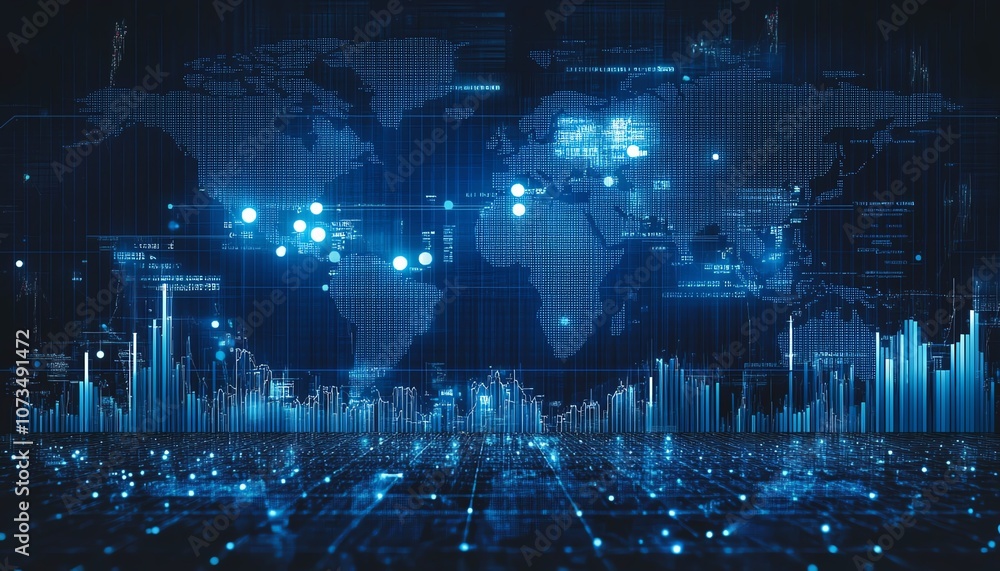 Poster stock market charts and graphs with world map in blue tones, emphasizing candlestick patterns and li