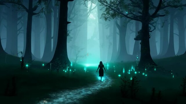 A magical forest path lighting up as the hero walks through