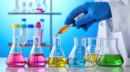 A hand in a blue glove administers a liquid drop into colorful laboratory flasks, showcasing a vibrant chemistry experiment.
